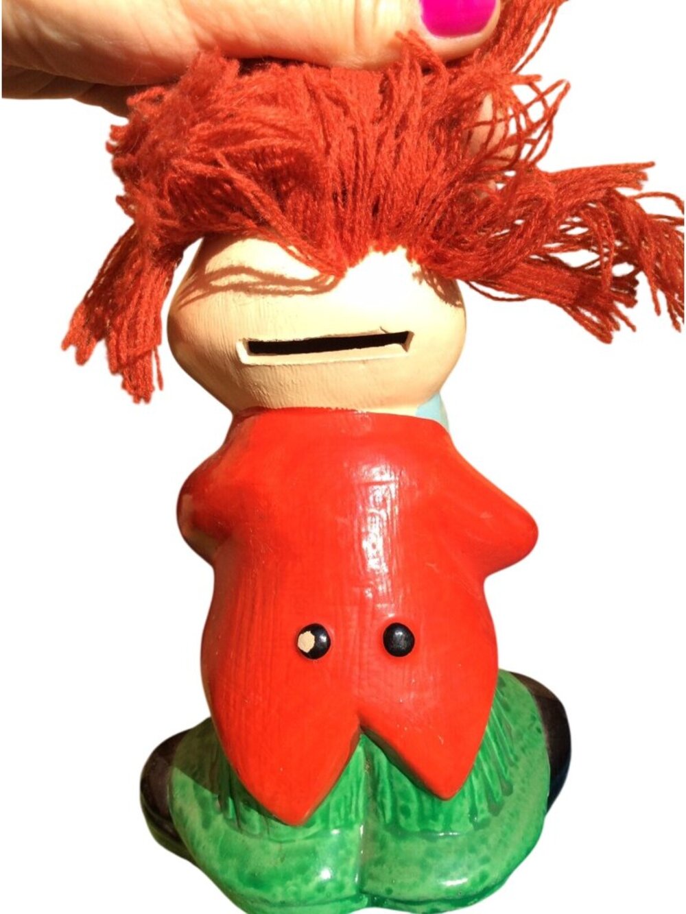 Vintage Ceramic Clown Coin Piggy Bank With Red Yarn Hair & Painted Outfit - Picture 8 of 8
